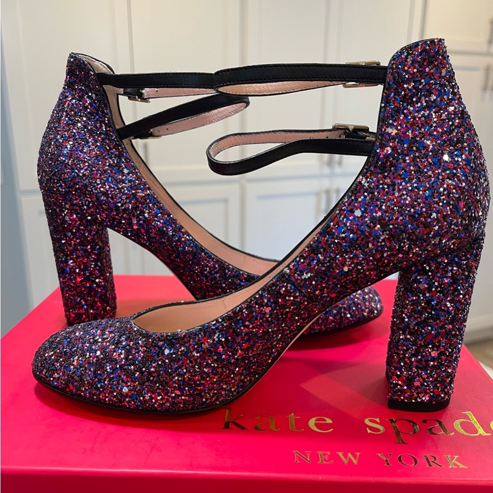 KATE SPADE ♠️ Baneera Multi-glitter Mary Jane Double Strap Block Heel Pump 7.5